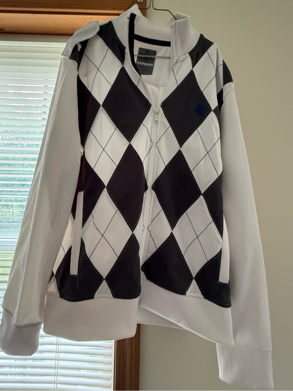 Men’s Express White and Grey Argyle Zip Jacket